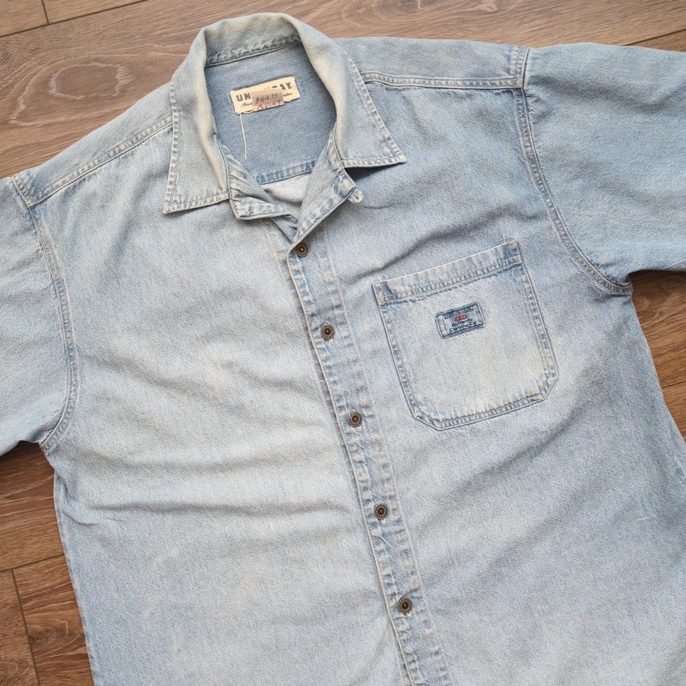 Vtg 90s Unionbay Denim Shirt Light Wash Short Sleeve Workwear Loop Collar XL‎